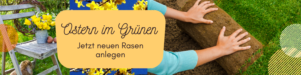 Frühlingsbanner Ostern im Grünen. Ostermotiv und Frau rollt Rasenrolle aus